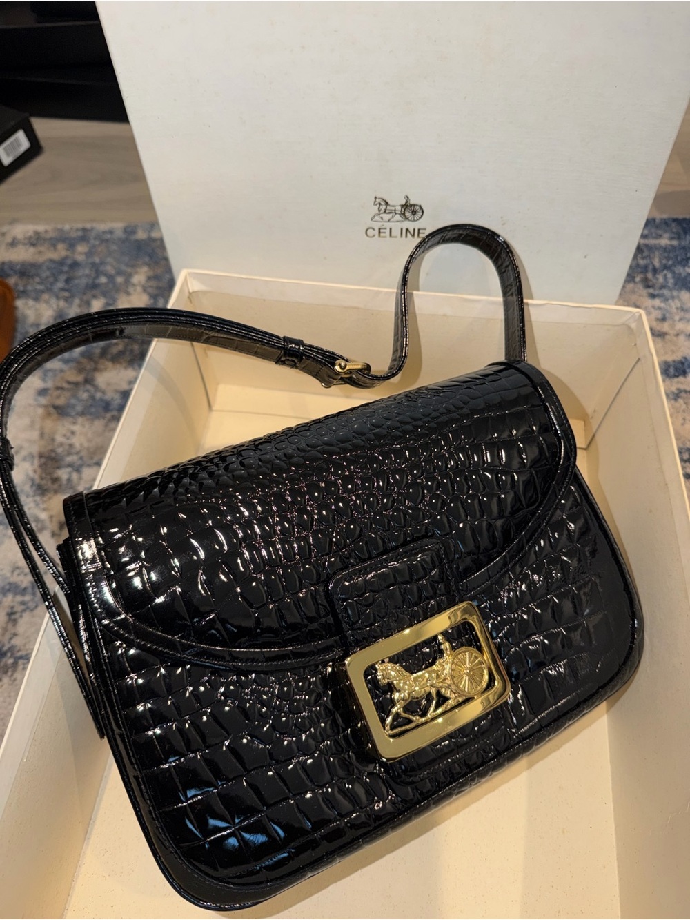 Celine vintage black Crocodile skin horse carriage shoulder bag